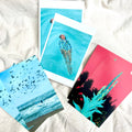 Four colorful postcards on a white fabric background