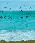 Painting of birds diving into the ocean.