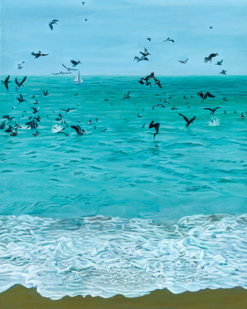Painting of birds diving into the ocean.